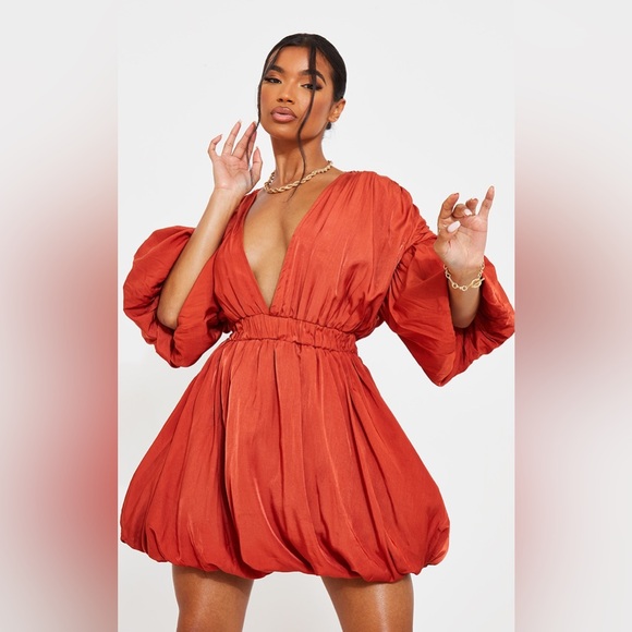 Pretty Little Thing Terracotta Puff Sleeve Puffball Hem Shift Dress NWT - Picture 4 of 8